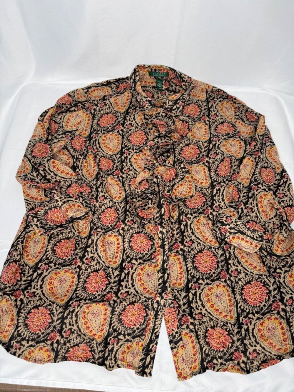 Lauren Ralph Lauren Womens Floral Paisley Button-Down Blouse 2X Black Beige